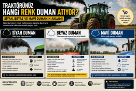 Siyah, beyaz ve mavi egzoz dumanı çıkaran traktör görseli
